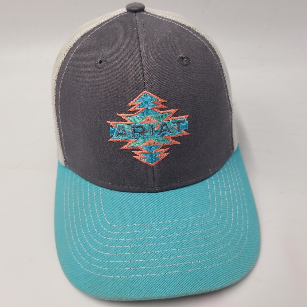 Youth Ariat‎ Hat Snapback Trucker Mesh Gray Blue White Southwest Aztec Logo Hike
